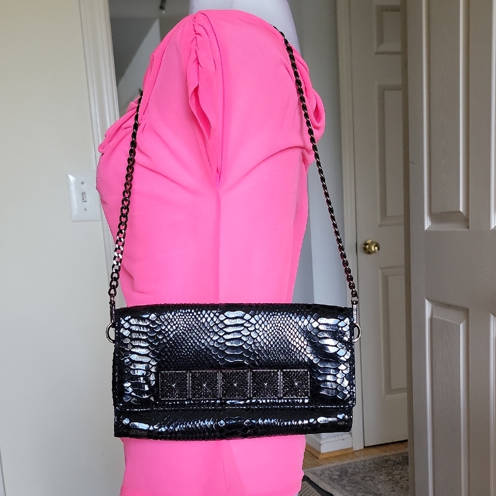 Michael Kors Black Patent Snake-Embossed Chain Shoulder Bag